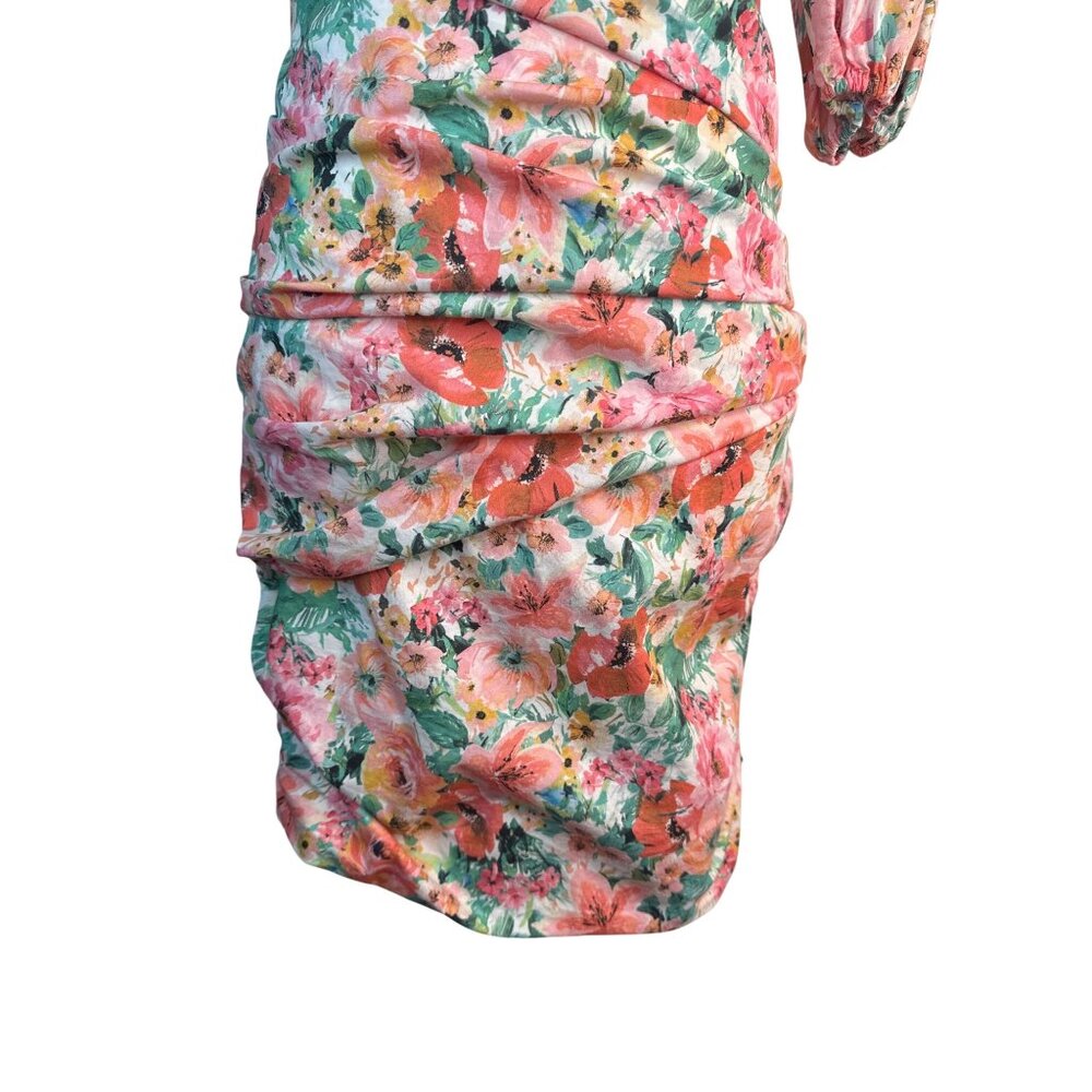 ZARA Floral One-Shoulder Ruched Mini Dress With Bow Detail - Picture 6 of 12